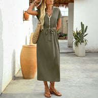 Damen elegantes Midikleid mit Taillengürtel und V-Ausschnitt WW