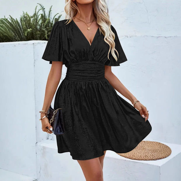 Damen Abendkleid mit schimmerndem V-Ausschnitt und voluminösen Ärmeln WW