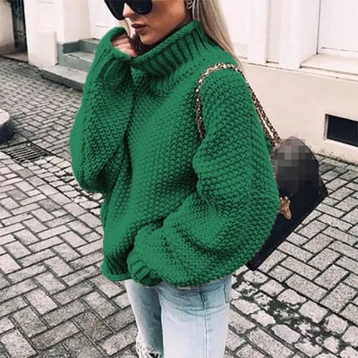 Damen Grobstrick Pullover mit Stehkragen und voluminösen Ärmeln WW