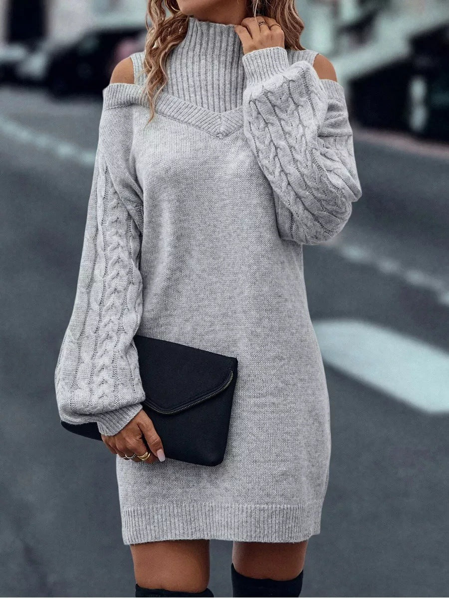 Damen Strickkleid mit hochgeschlossenem Kragen und offener Schulterpartie WW