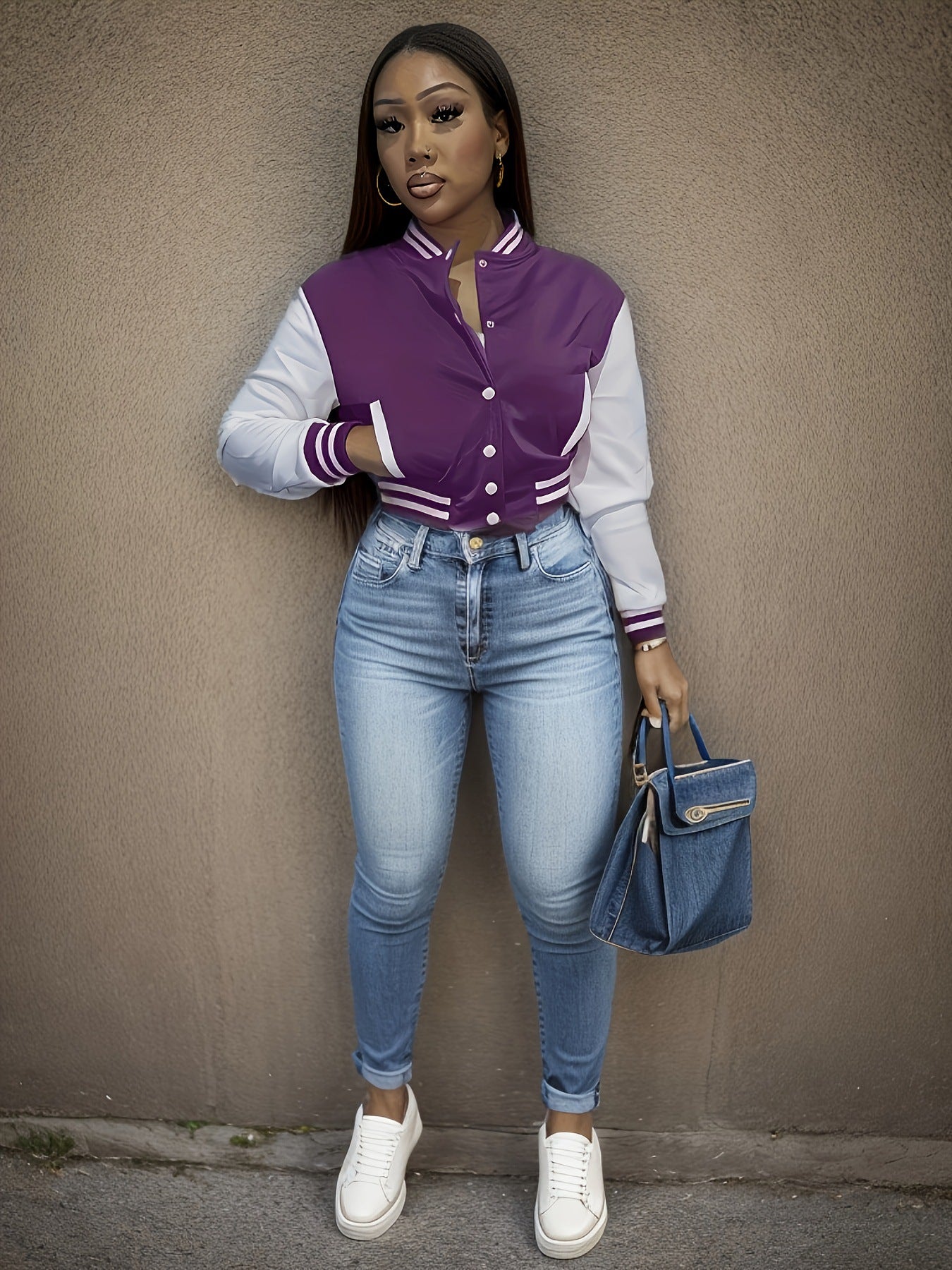 Damen Sportliche Varsity-Jacke mit Kontrastdetails und Knopfleiste WW