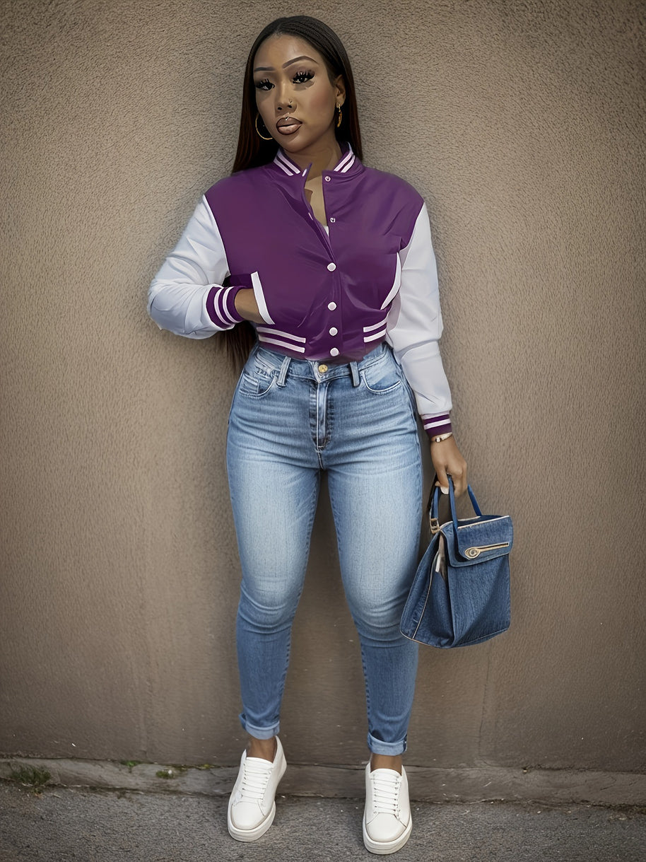 Damen Sportliche Varsity-Jacke mit Kontrastdetails und Knopfleiste WW