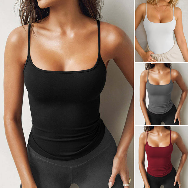 Damen bodenlanges körperbetontes Oberteil mit breiten Trägern und Quadrat-Ausschnitt WW