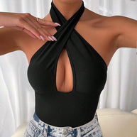 WW | Cross Hollow Out Halter Bodysuit