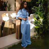 Damen Bequemes Leinen-Loungewear-Ensemble mit weiten Ärmeln und fließender Hose WW