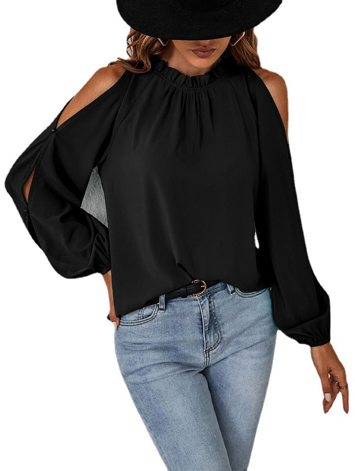 Damen schickes Oberteil mit schulterfreien Einsätzen und eleganten Rüschendetails WW