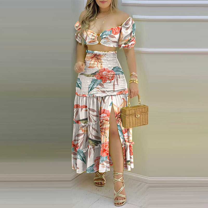 Damen Zweiteiler mit schulterfreiem Crop-Top und schwingendem Rock W&W Mode