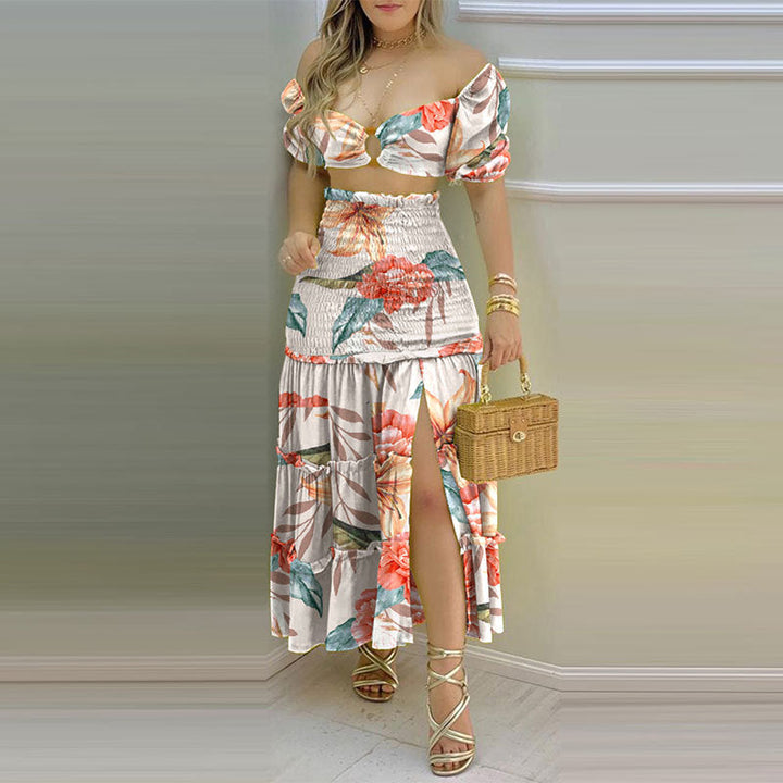 Damen Zweiteiler mit schulterfreiem Crop-Top und schwingendem Rock W&W Mode