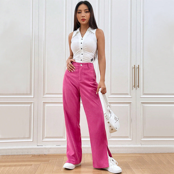 Damen Weit geschnittene Cordhose mit seitlichen Schlitzen W&W Mode