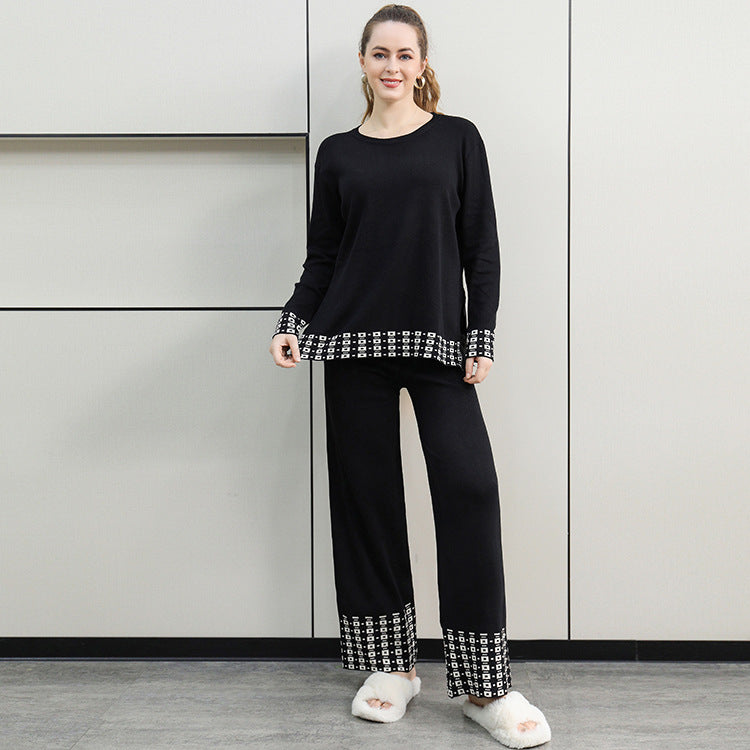 Damen stilvolles Strick-Loungewear-Set mit dekorativen Kontrastabschlüssen WW