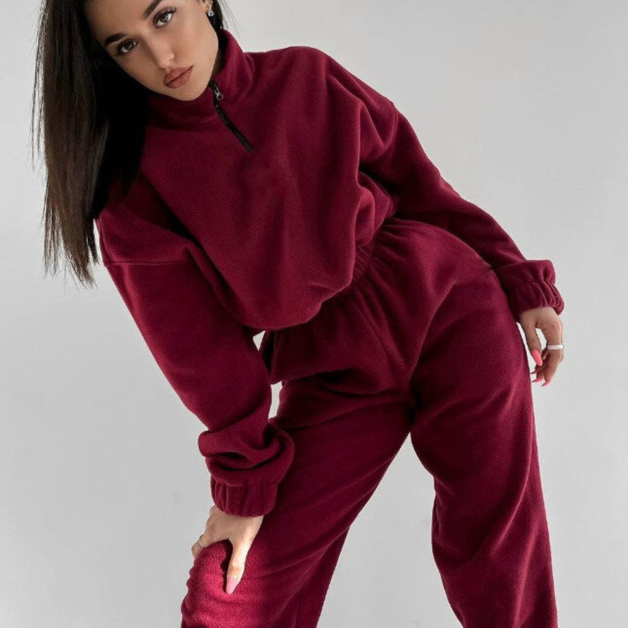 Damen bequeme Fleece-Loungejacke mit verkürztem Reißverschluss und elastischem Bund WW