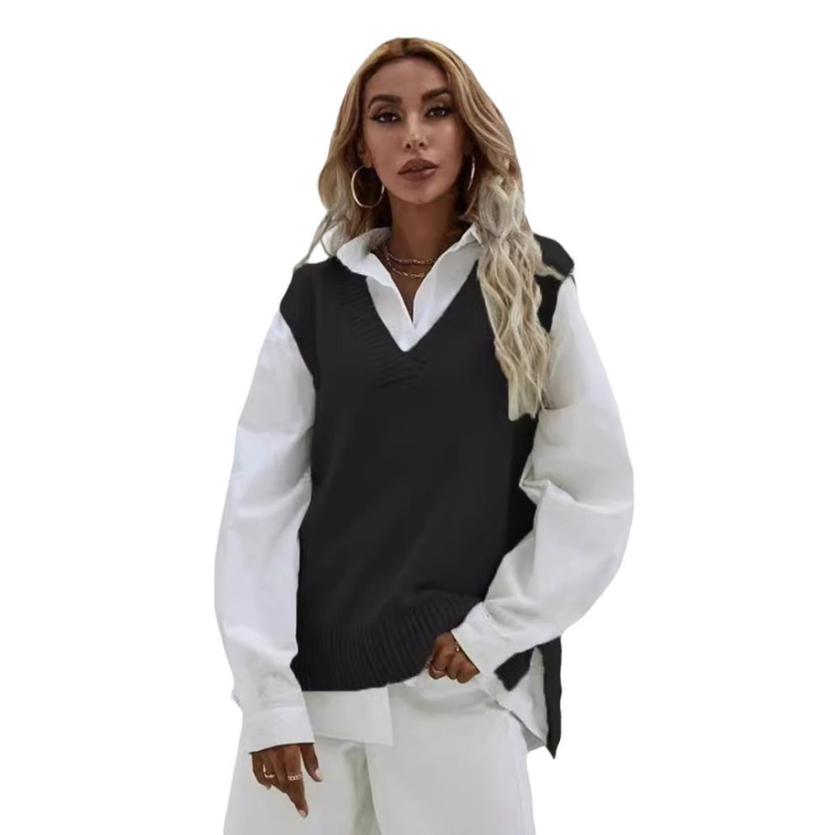 Damen Strickweste mit V-Ausschnitt und modernen Details WW