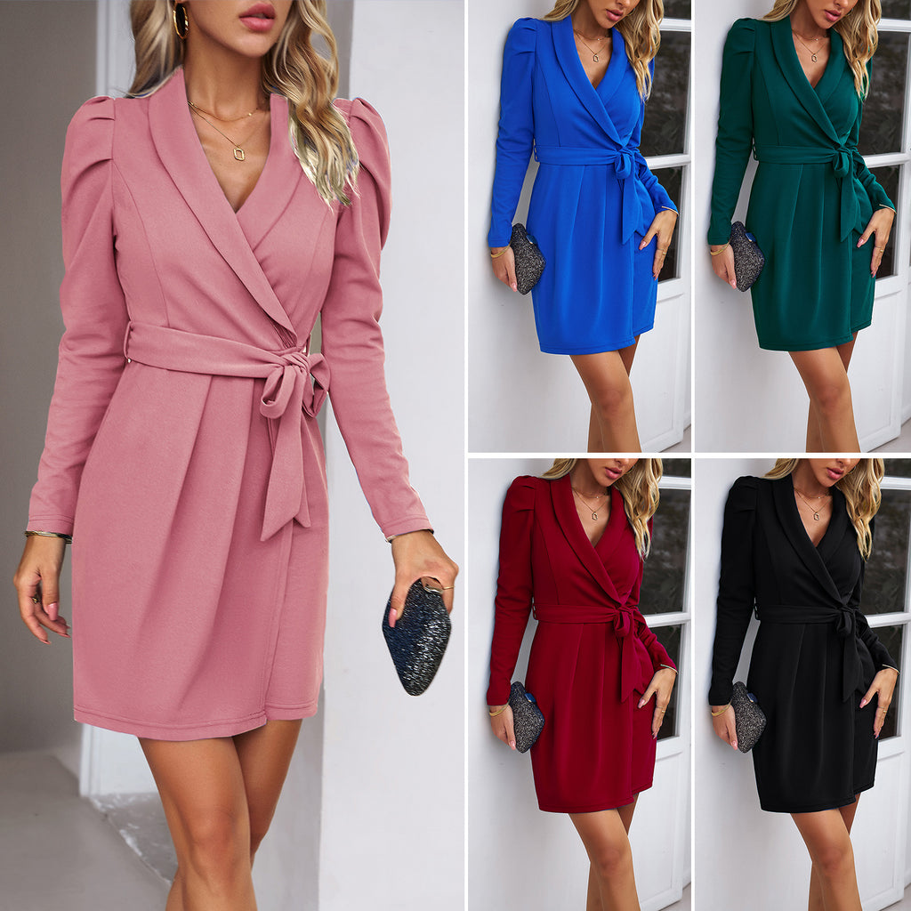 Damen Wickelkleid mit elegantem Kragen und taillierbarem Gürtel WW