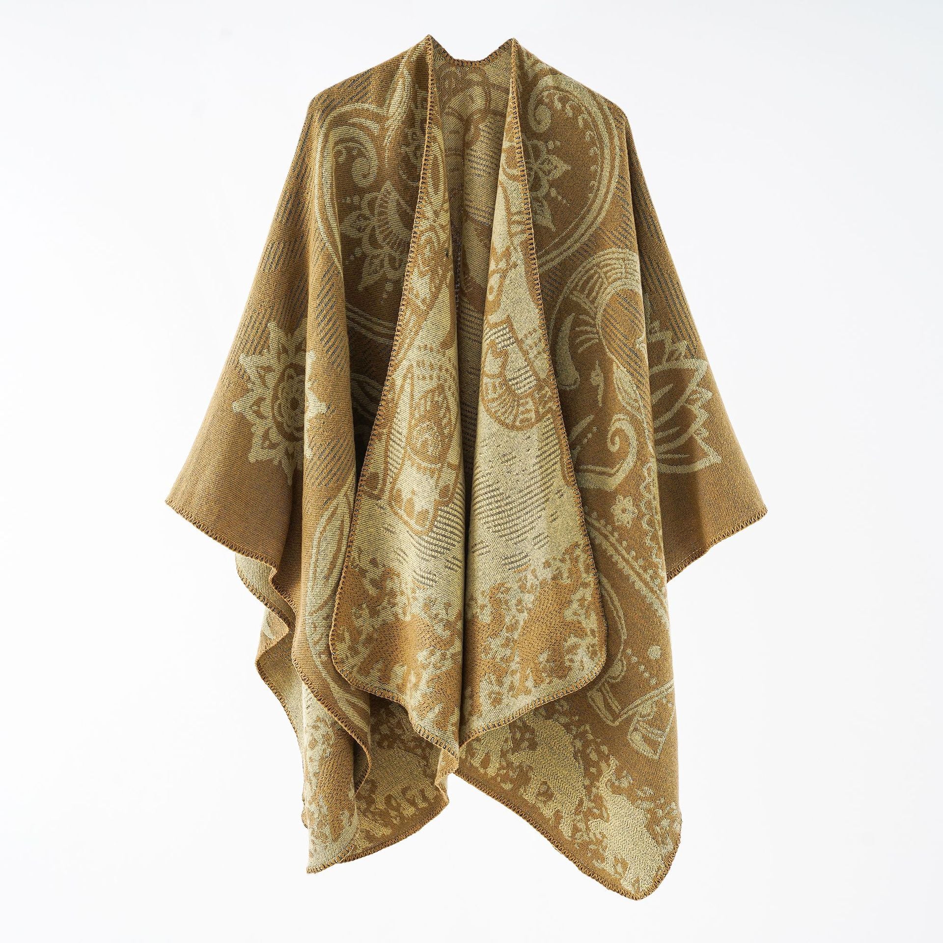 Damen eleganter Übergang-Poncho mit kunstvollem floralen Muster und fransigen Abschlüssen WW