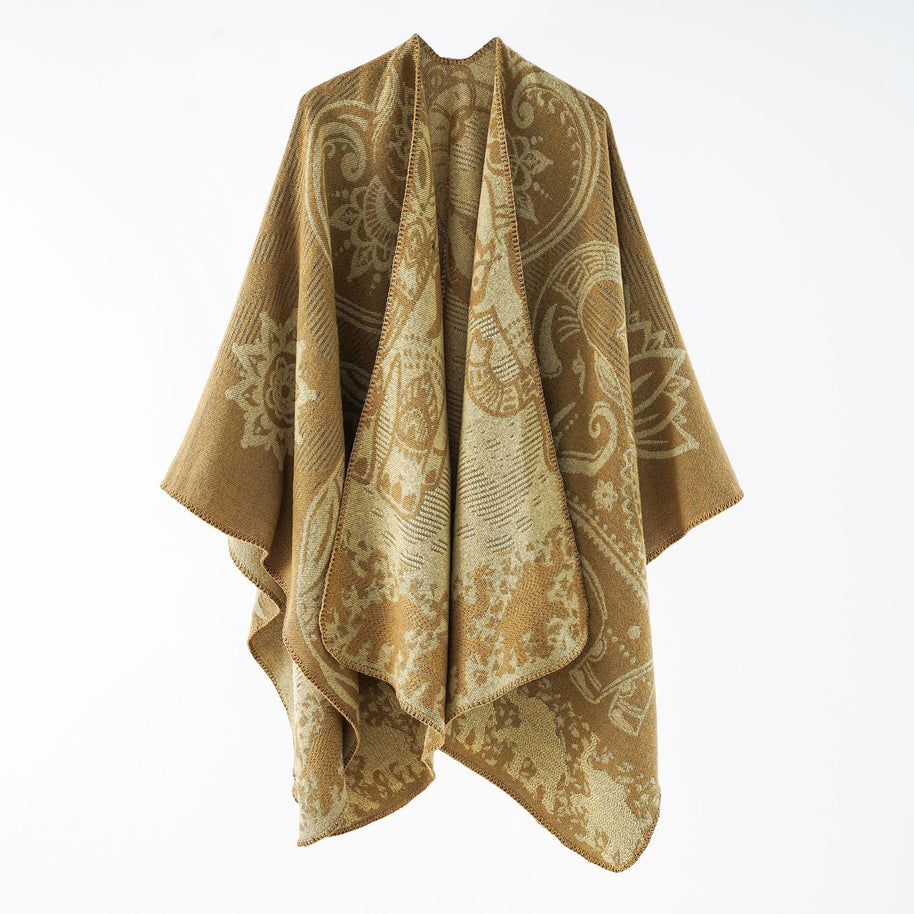 Damen eleganter Übergang-Poncho mit kunstvollem floralen Muster und fransigen Abschlüssen WW