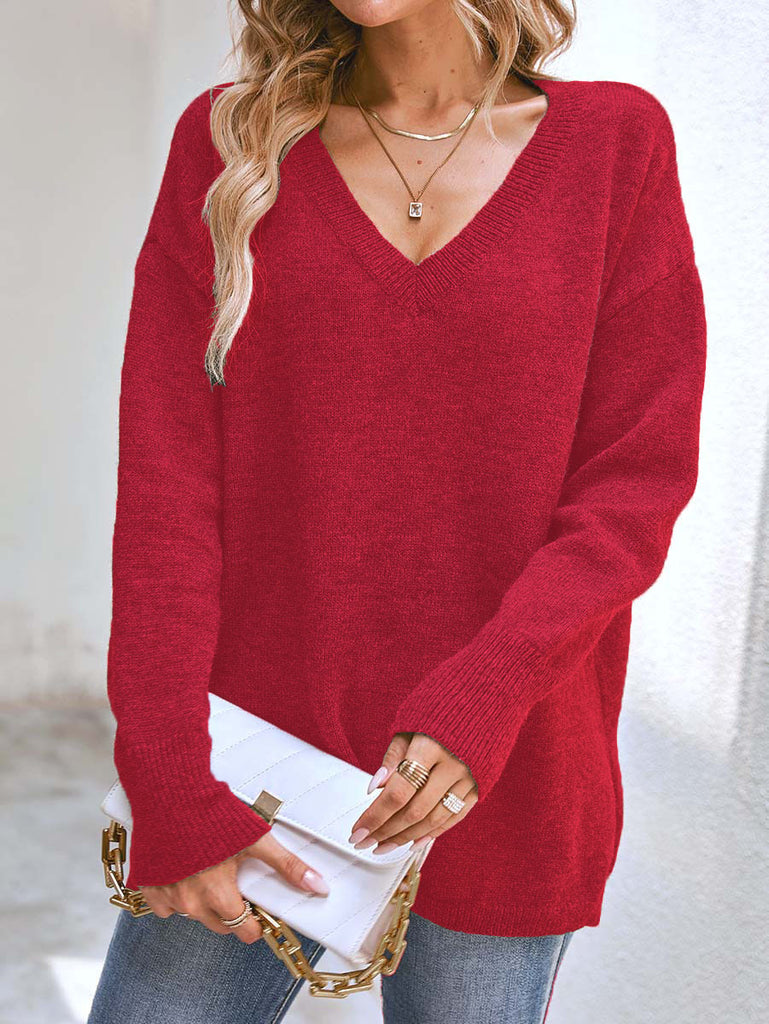 Damen V-Ausschnitt Oversize Pullover WW