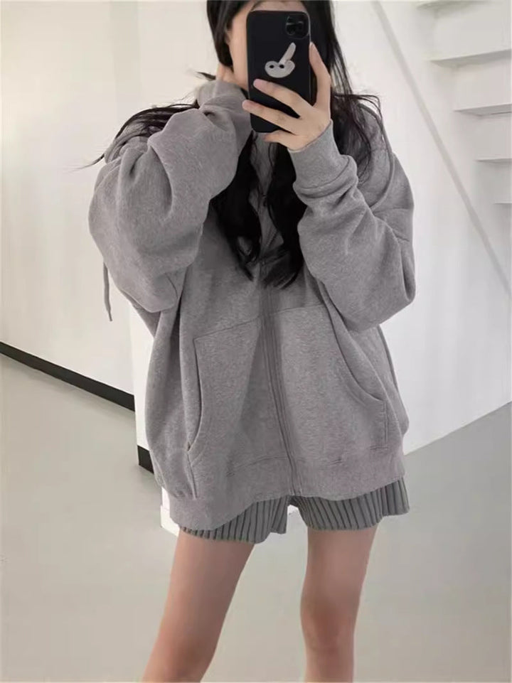 W&W Mode Zip-up Oversized Solid Pocket Hooded Langarm Lose Baseball Jacke