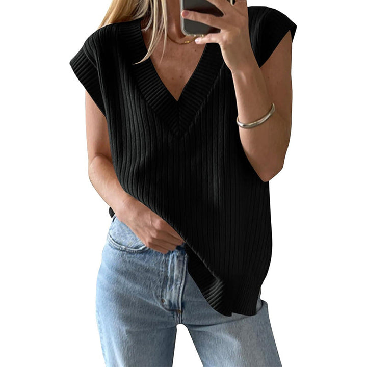 Damen lässiges V-Ausschnitt Oberteil aus Rippstrickmaterial W&W Mode