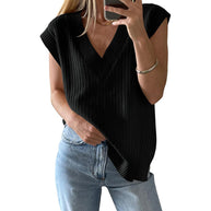 Damen lässiges V-Ausschnitt Oberteil aus Rippstrickmaterial WW