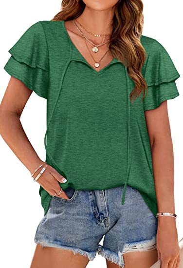 Damen lässiges V-Ausschnitt Blusenshirt mit Rüschendetails WW