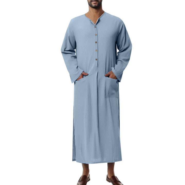 Herren nan weites langes Tunika-Kaftan aus atmungsaktivem Leinen mit Stehkragen Knopfblende und aufgesetzten Taschen W&W Mode