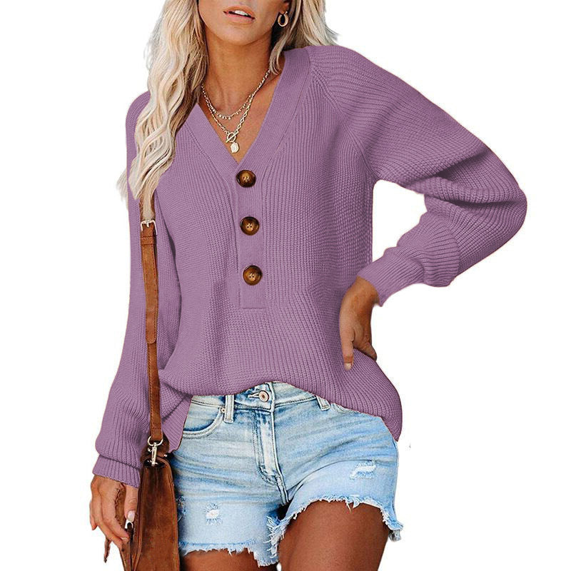 Damen Strickpullover mit V-Ausschnitt und Knopfdetails WW