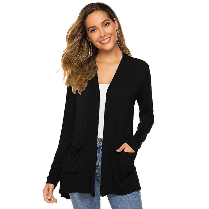 Damen lässiger Strickcardigan mit tiefem V-Ausschnitt und praktischen Taschen W&W Mode