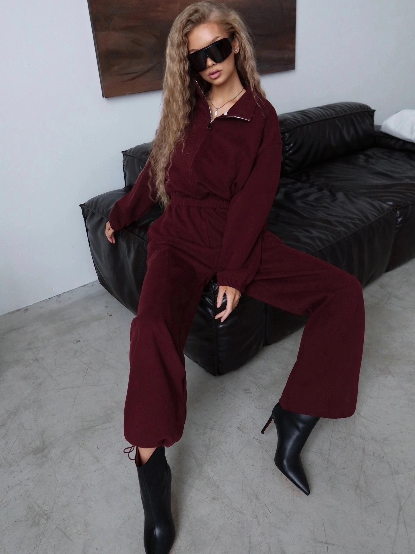 Damen Sportlicher Fleece-Jumpsuit mit hohem Kragen WW