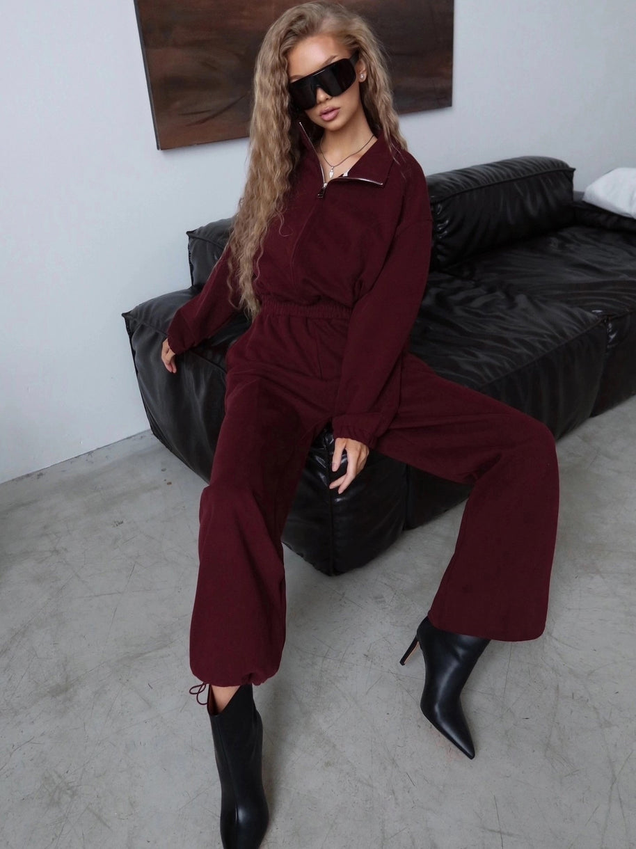 Damen Sportlicher Fleece-Jumpsuit mit hohem Kragen WW