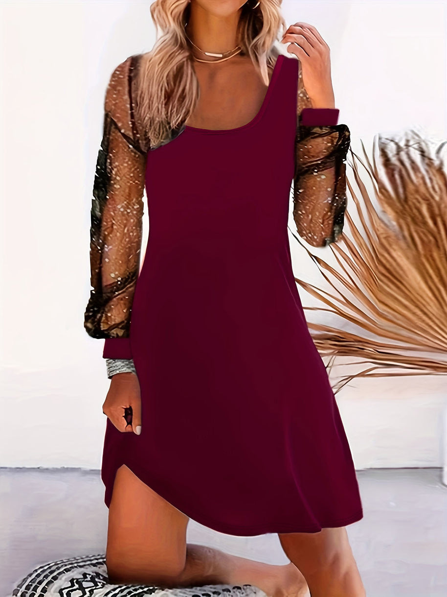 Damen asymmetrisches Kleid mit transparenten Puffärmeln und schimmernden Akzenten WW
