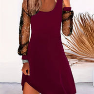 Damen asymmetrisches Kleid mit transparenten Puffärmeln und schimmernden Akzenten WW