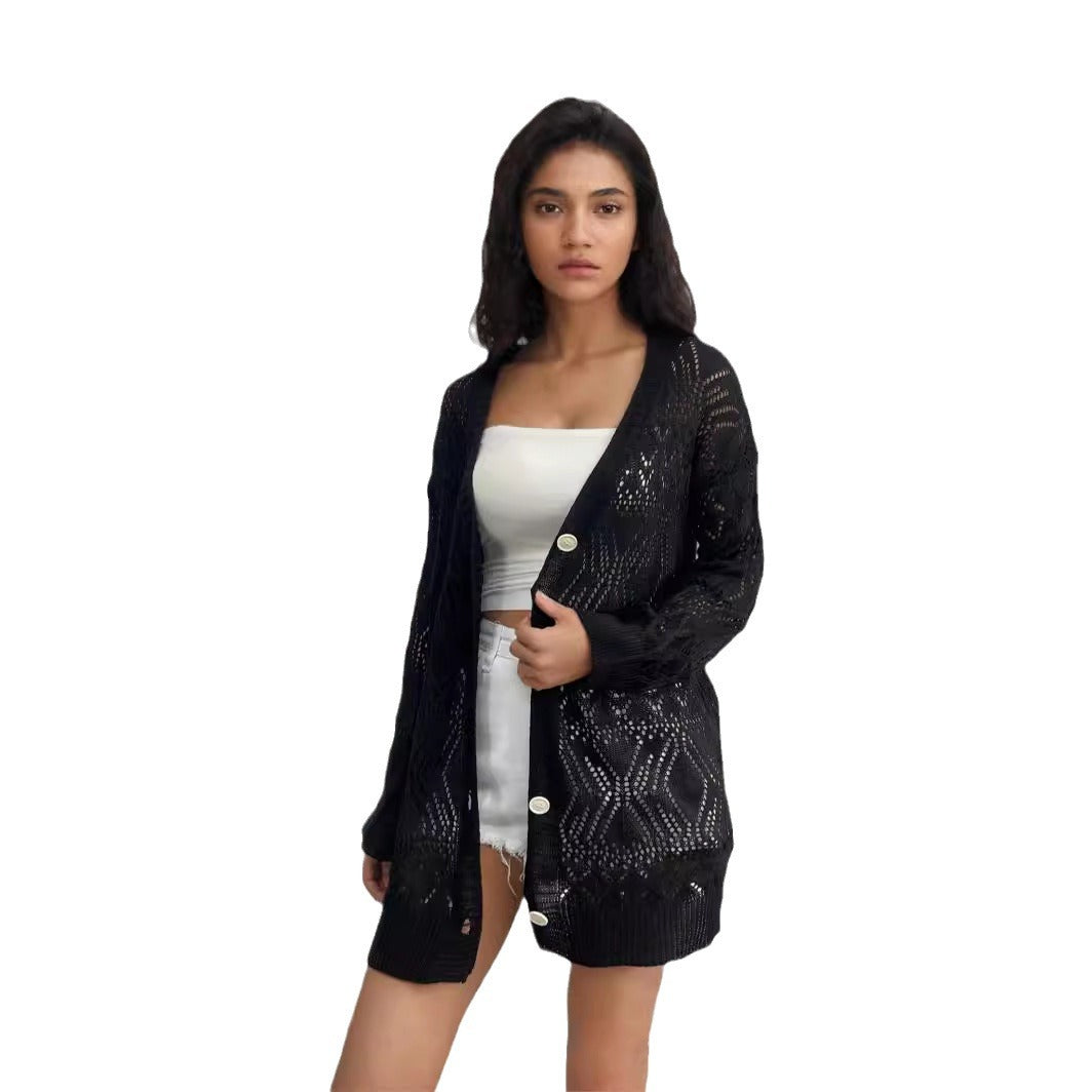 Damen Strickcardigan mit luftigen Mustern und Knopfdetails WW