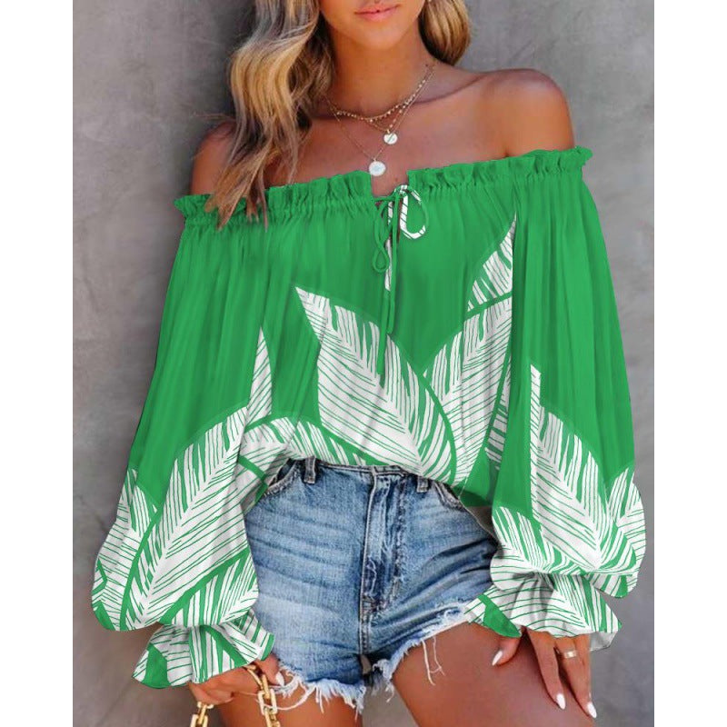 Damen Off-Shoulder Bluse mit buntem Muster und elastischem Saum WW