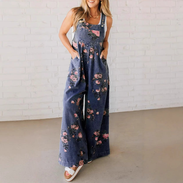 Damen Baumwoll-Overall mit floralem Druck und weiten Beinen WW