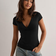 Damen Stilvolles Wickel V-Ausschnitt Top WW