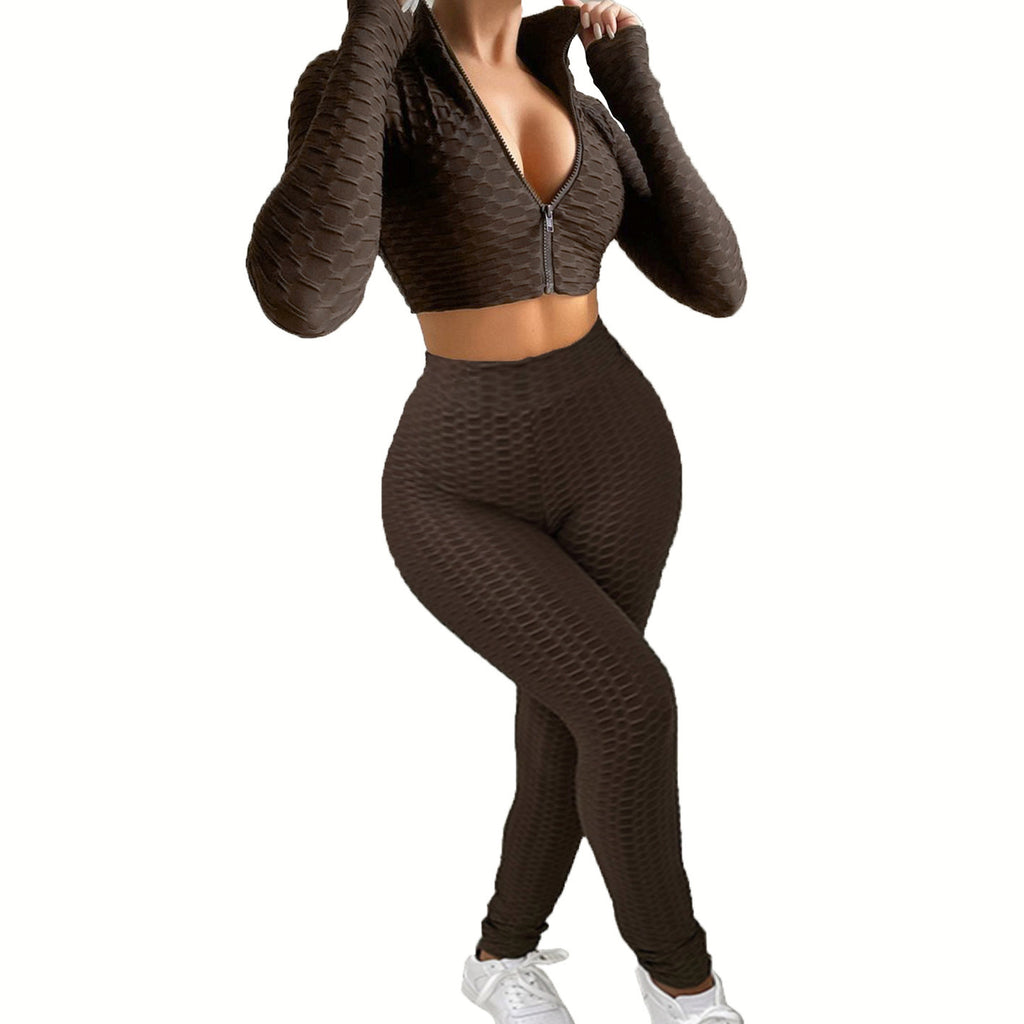 Damen Sportliches Set aus innovativem Strukturstoff mit cropped Hoodie und High-Waist Leggings WW