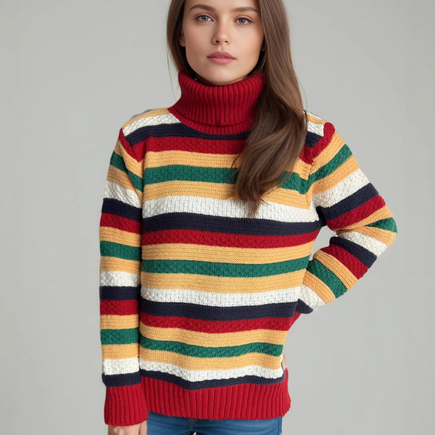 Damen Rollkragenpullover mit farbenfrohen Streifen und hochwertiger Strickqualität WW