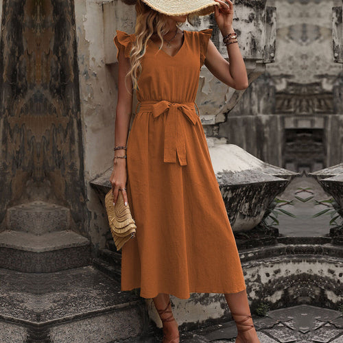 Damen Midi-Kleid mit Rüschendetails und tailliertem Bindegürtel W&W Mode