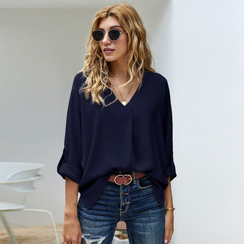 Damen Bluse mit V-Ausschnitt und lässigen langen Ärmeln W&W Mode