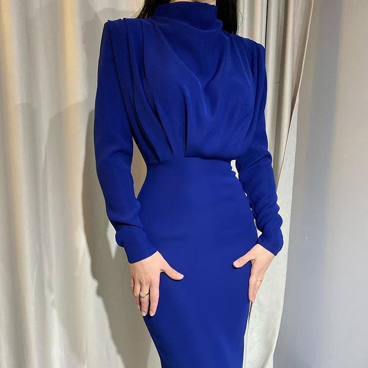 Damen elegantes Midi-Kleid mit hochgeschlossenem Design und Drapierungen W&W Mode