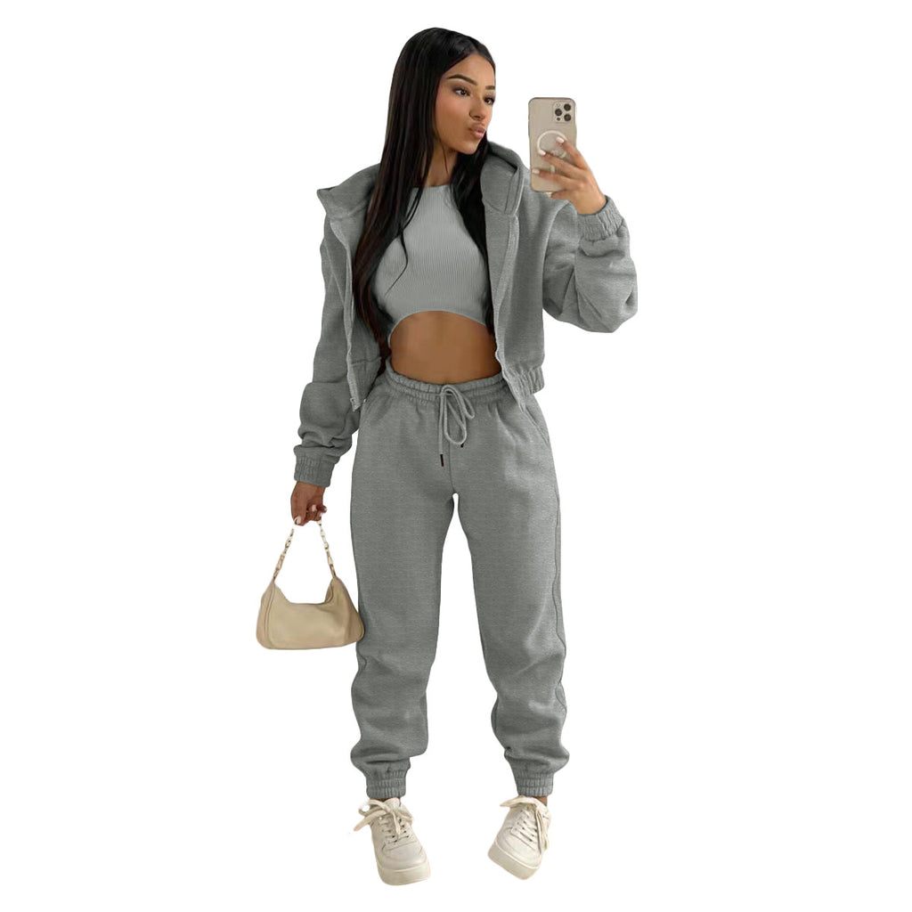Damen stylischer Sportanzug mit lässiger Kapuzenjacke und elastischen Bundelementen WW