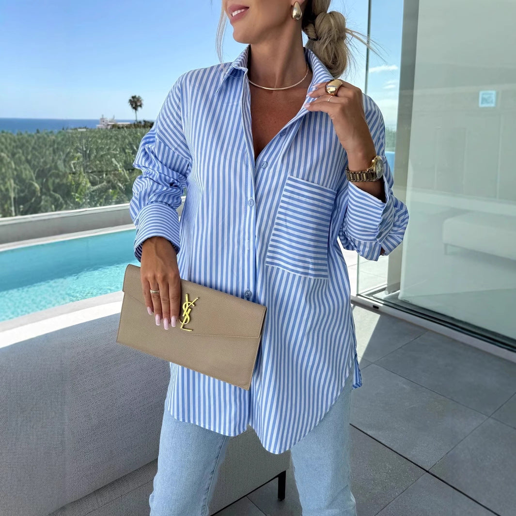 Damen Streifenbluse im lässigen Oversized-Stil mit Brusttasche WW