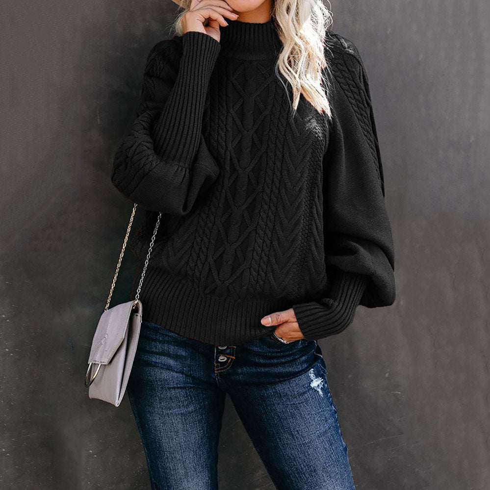Damen Grober Strickpullover mit hohem Kragen und Ballonärmeln W&W Mode