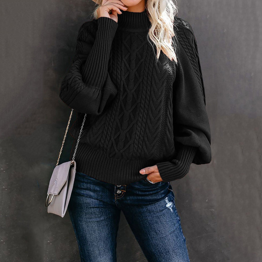 Damen Grober Strickpullover mit hohem Kragen und Ballonärmeln WW