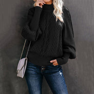 Damen Grober Strickpullover mit hohem Kragen und Ballonärmeln WW