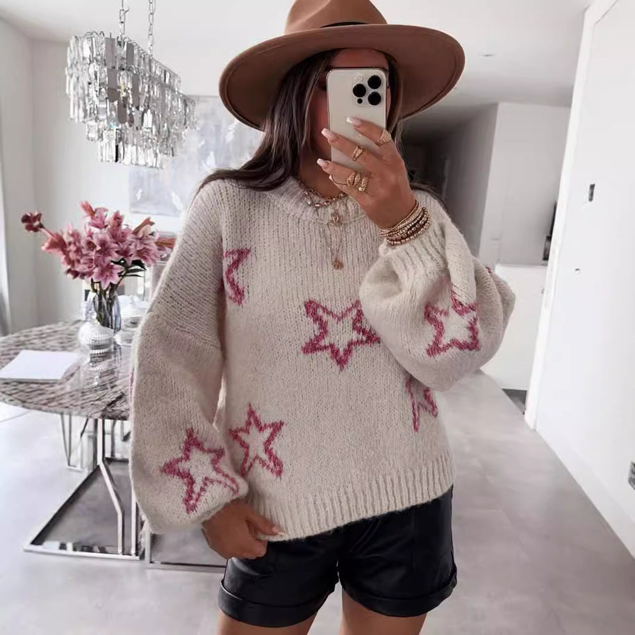 Damen Strickpullover mit Sternen-Design und weit ausgestellten Ärmeln WW