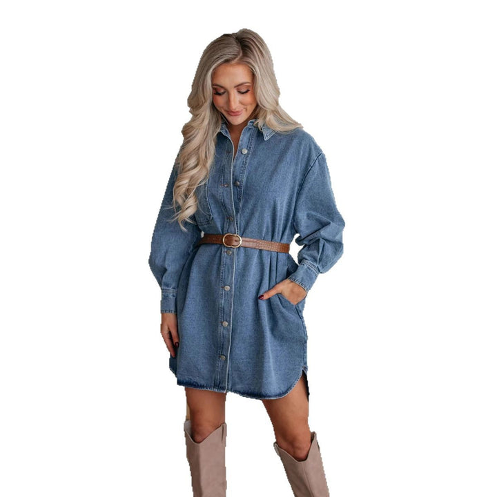 Damen Denim Hemdkleid mit exklusivem Gürtel und praktischen Taschen W&W Mode