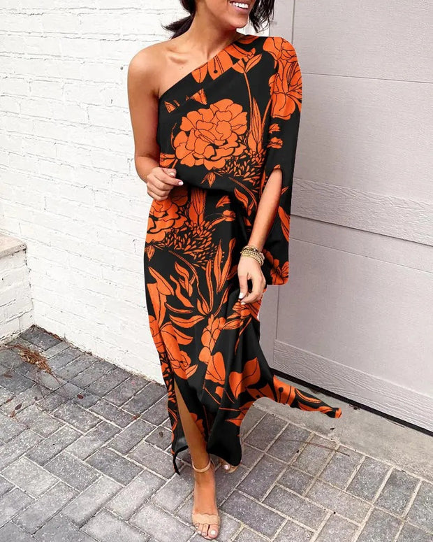 Damen Elegantes Maxikleid mit einem Schulterdesign und floralen Mustern WW