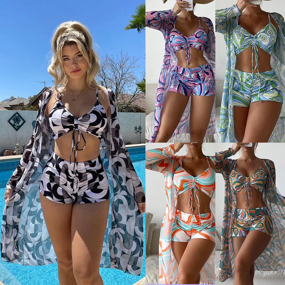 Damen Bikiniset mit schönem Bindeband und floralem Kimono WW