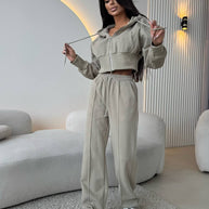 Damen sportliches Cropped Sweat-Set mit elastischem Bund und hohen Taschen WW